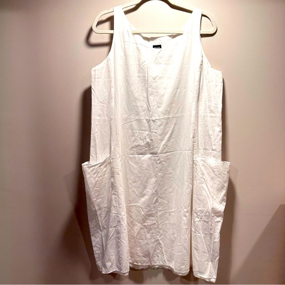 Eileen Fisher White Cotton Lined Midi Shift Dress Front Pockets Petite Large PL - Picture 3 of 15